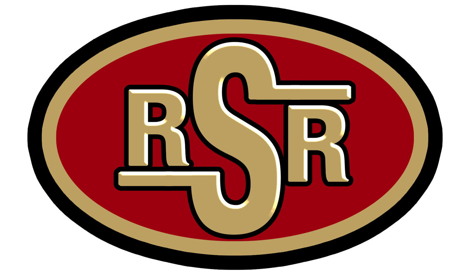 RSR in gold in front of Red circle with black and gold outline
